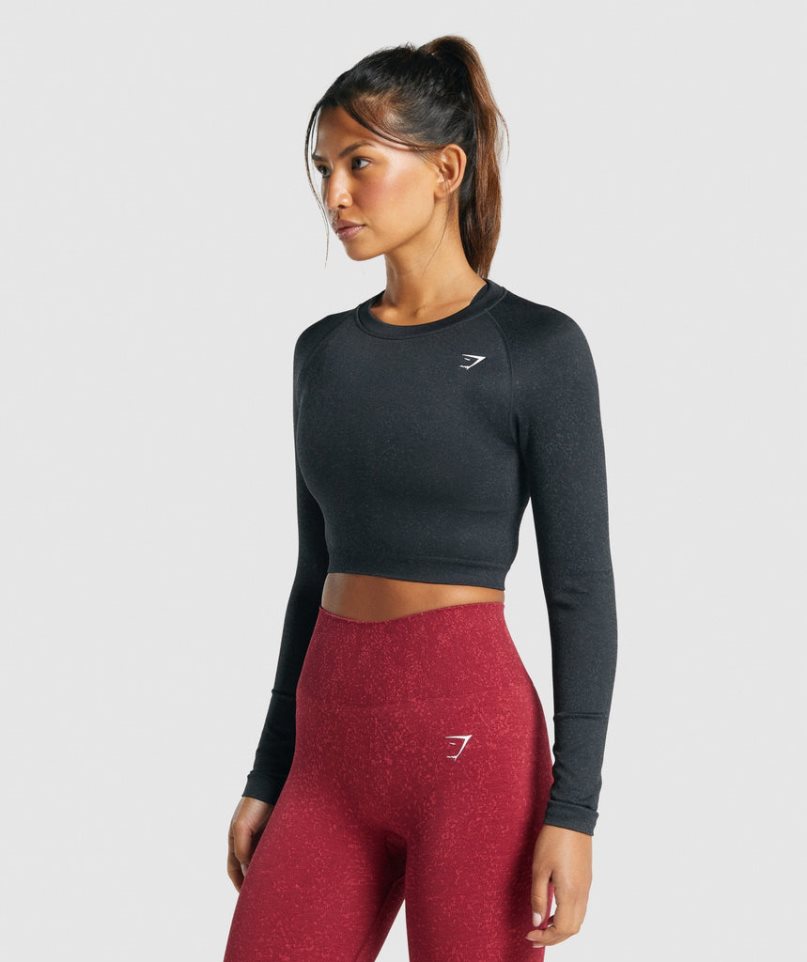 Women's Gymshark Adapt Fleck Seamless Long Sleeve Cropped Tops Black | NZ 6BWJSC